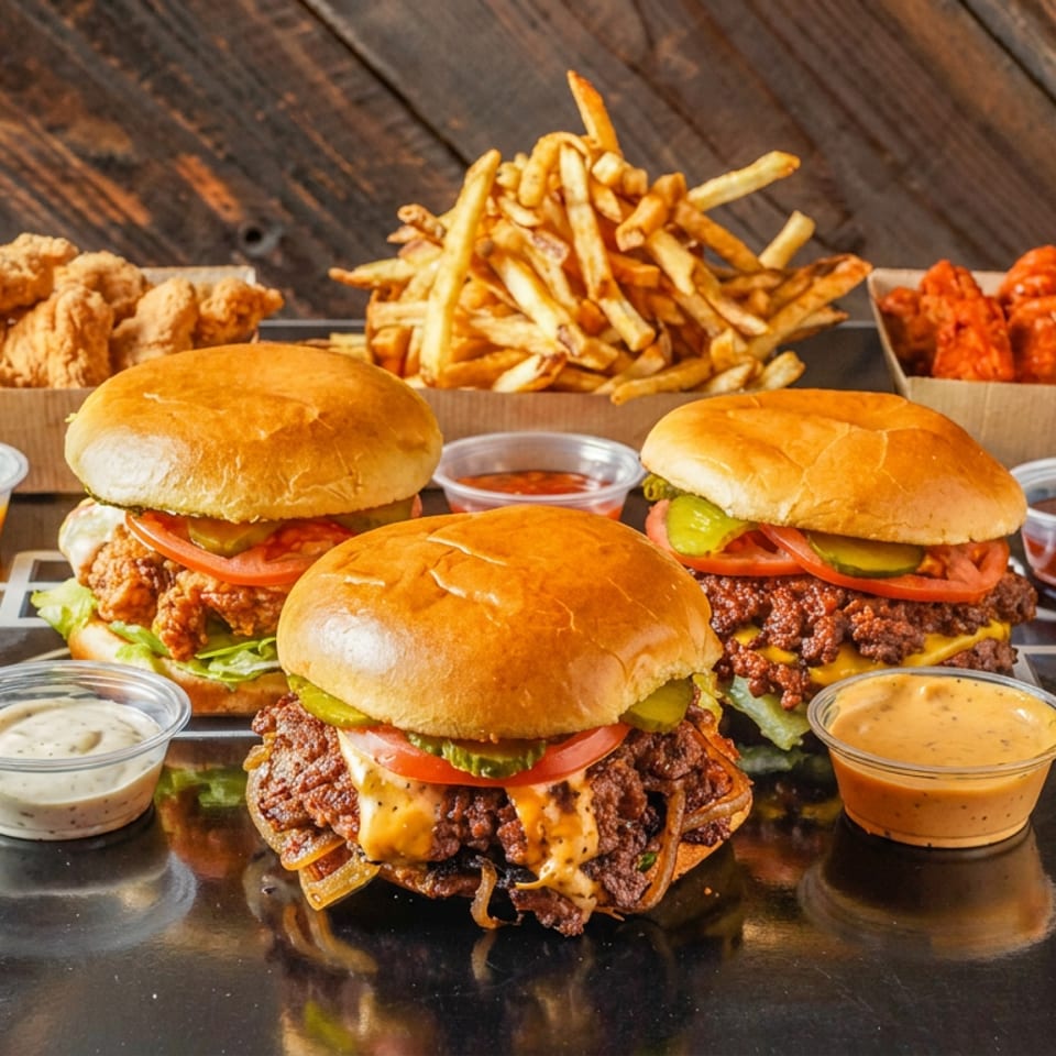 Three loaded burgers with fries, fried chicken, sauced wings, and dipping cups arranged on a dark tabletop.
