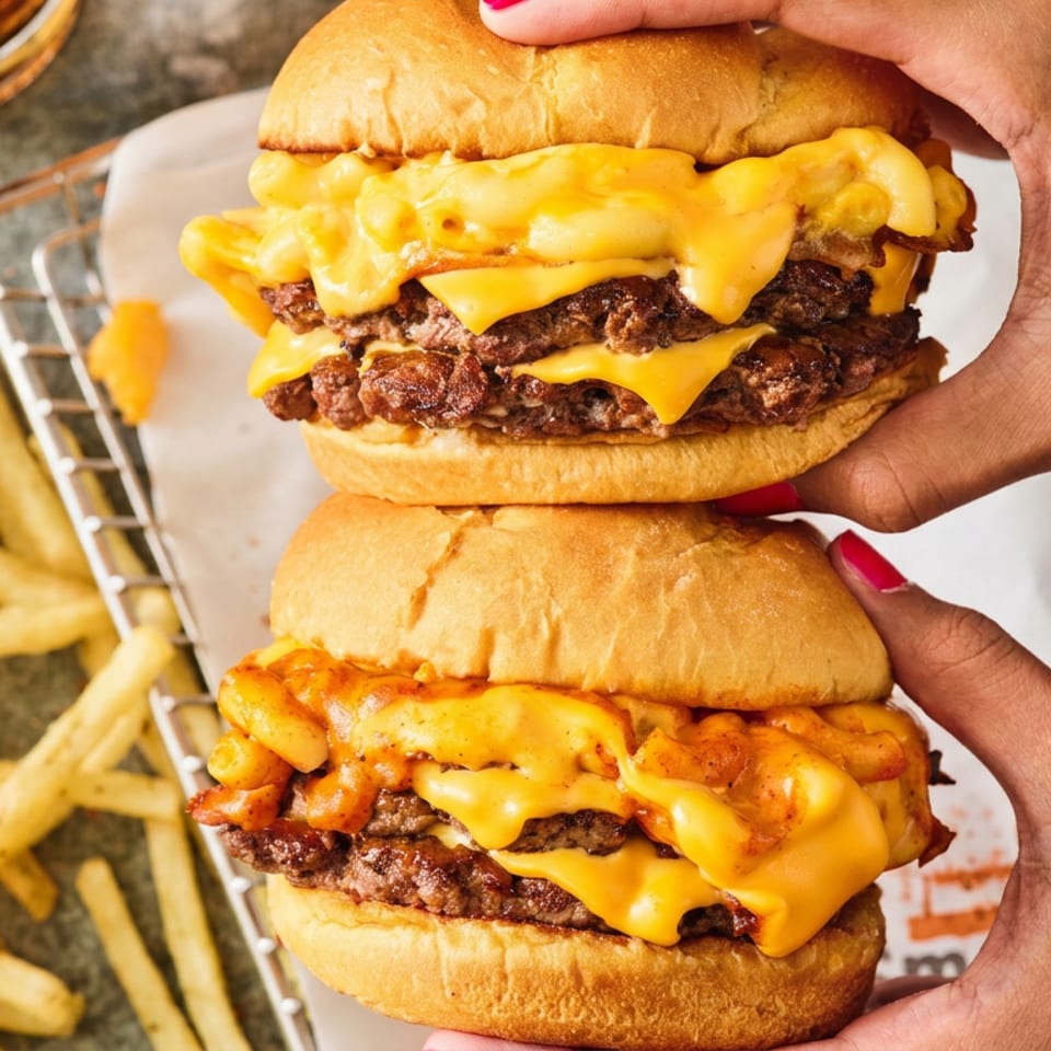 Two double cheeseburgers with melted cheese are held above a tray beside scattered French fries.