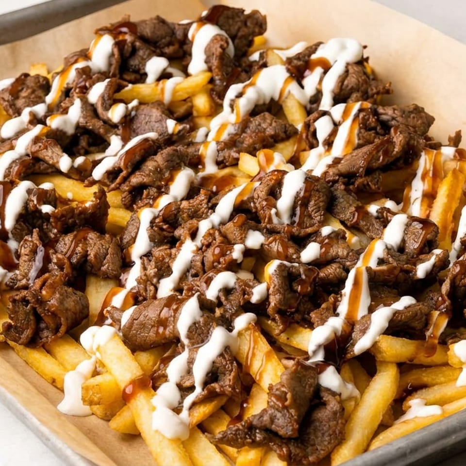 Loaded fries topped with sliced seasoned beef, white sauce, and brown gravy on a paper-lined metal tray.