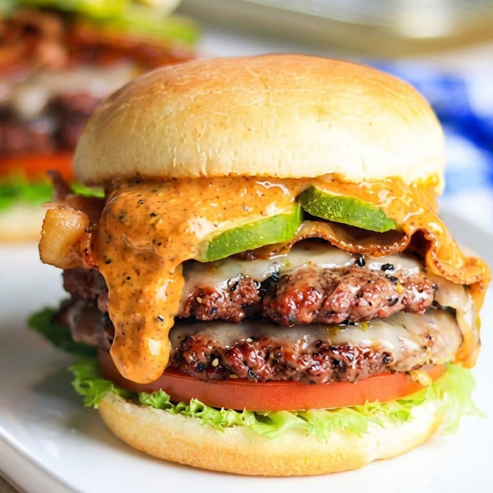 Double cheeseburger with lettuce, tomato, bacon, pickles, and creamy orange sauce on a white plate.