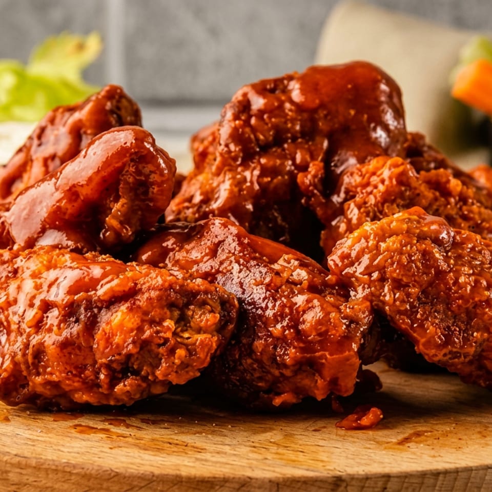 Pile of crispy chicken wings coated in glossy red sauce on a wooden serving board, with celery, carrots, and dipping sauce behind.