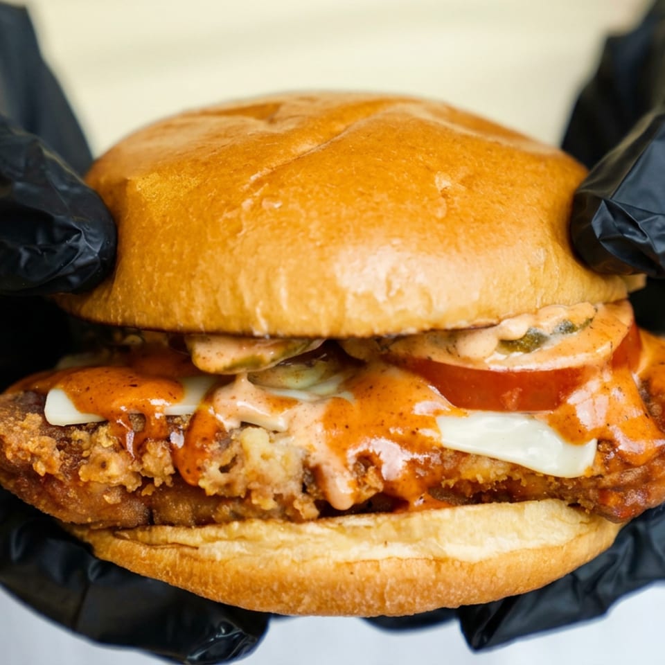 Gloved hands hold a crispy fried chicken sandwich with melted cheese, tomato, pickles, and spicy sauce on a toasted bun.