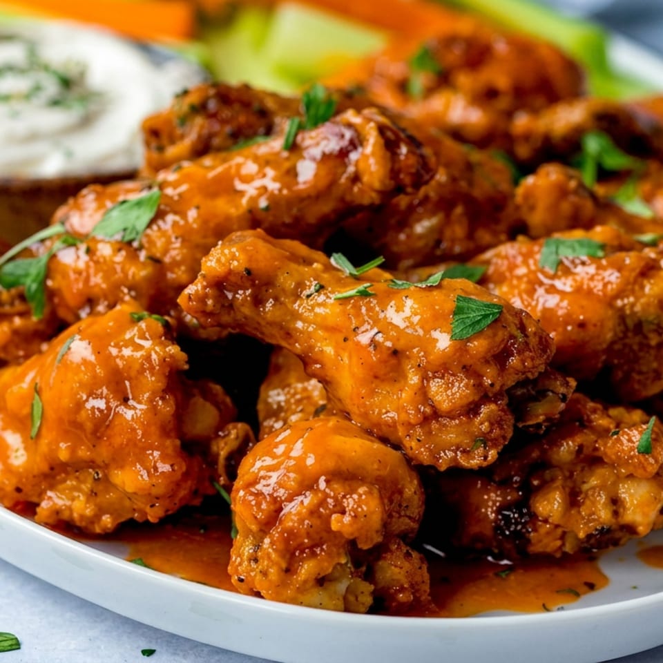 Plate of crispy chicken wings coated in orange sauce, garnished with parsley, with ranch dipping sauce and celery.