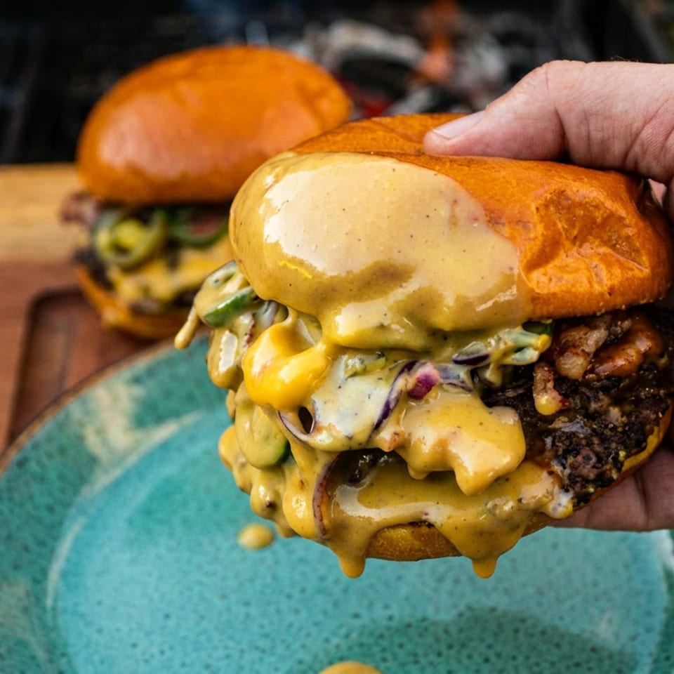 Hand holding a double cheeseburger with melted cheese, bacon, and pickles over a turquoise plate, with another burger in the background.
