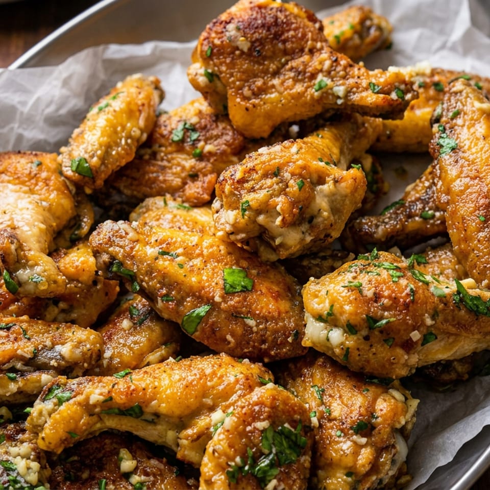 Crispy golden chicken wings seasoned with herbs and garlic, piled on parchment-lined metal platter over a wooden table.