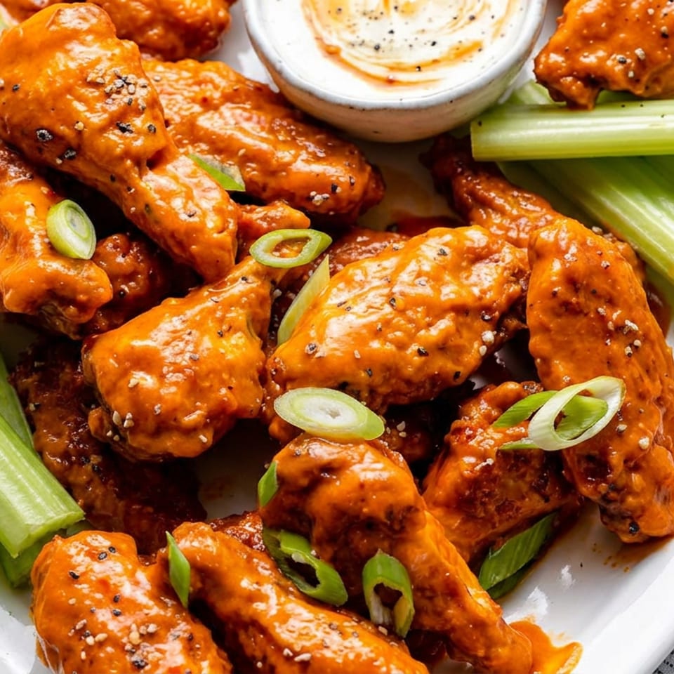 Buffalo chicken wings garnished with scallions and sesame seeds, served with celery sticks and creamy dipping sauce.