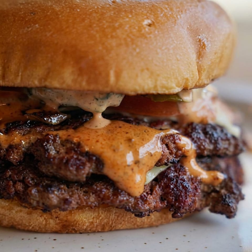 Close-up of a double beef burger with melted cheese, creamy sauce, and caramelized onions on a toasted bun.