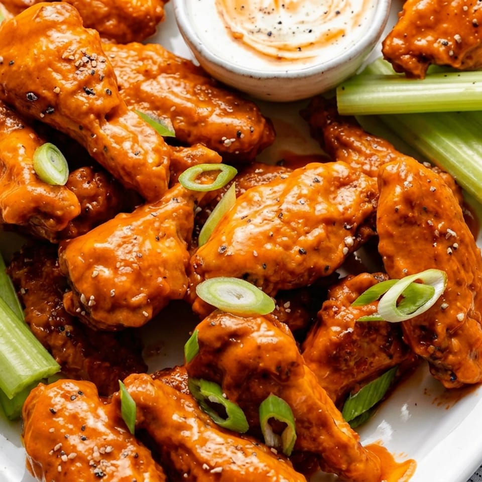 Buffalo chicken wings topped with sesame seeds and scallions, served with celery sticks and creamy dipping sauce.