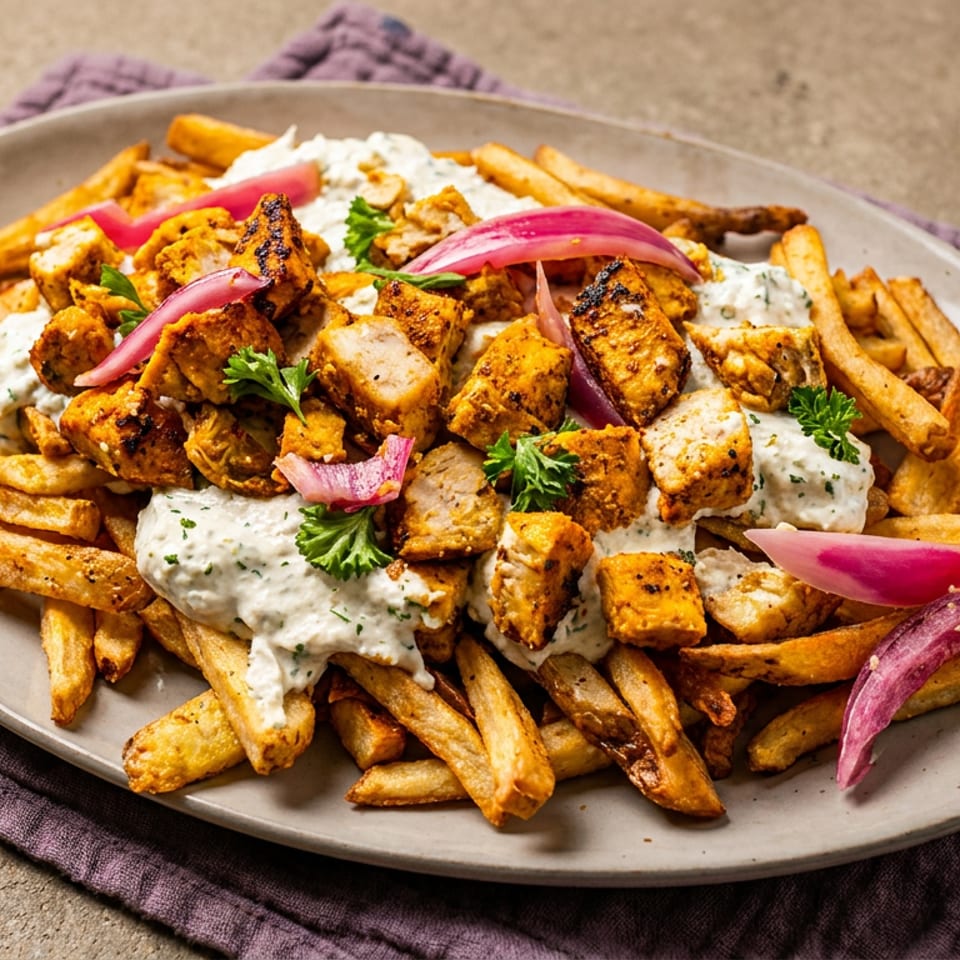 Plate of seasoned fries topped with grilled chicken, creamy herb sauce, parsley, and pickled red onions.