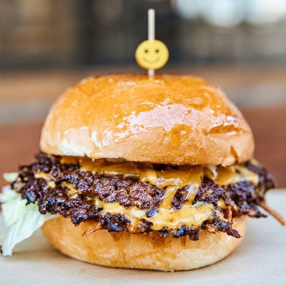 Gourmet burger with a toasted bun, crispy beef patty, melted cheese, sauce, and lettuce on a table.