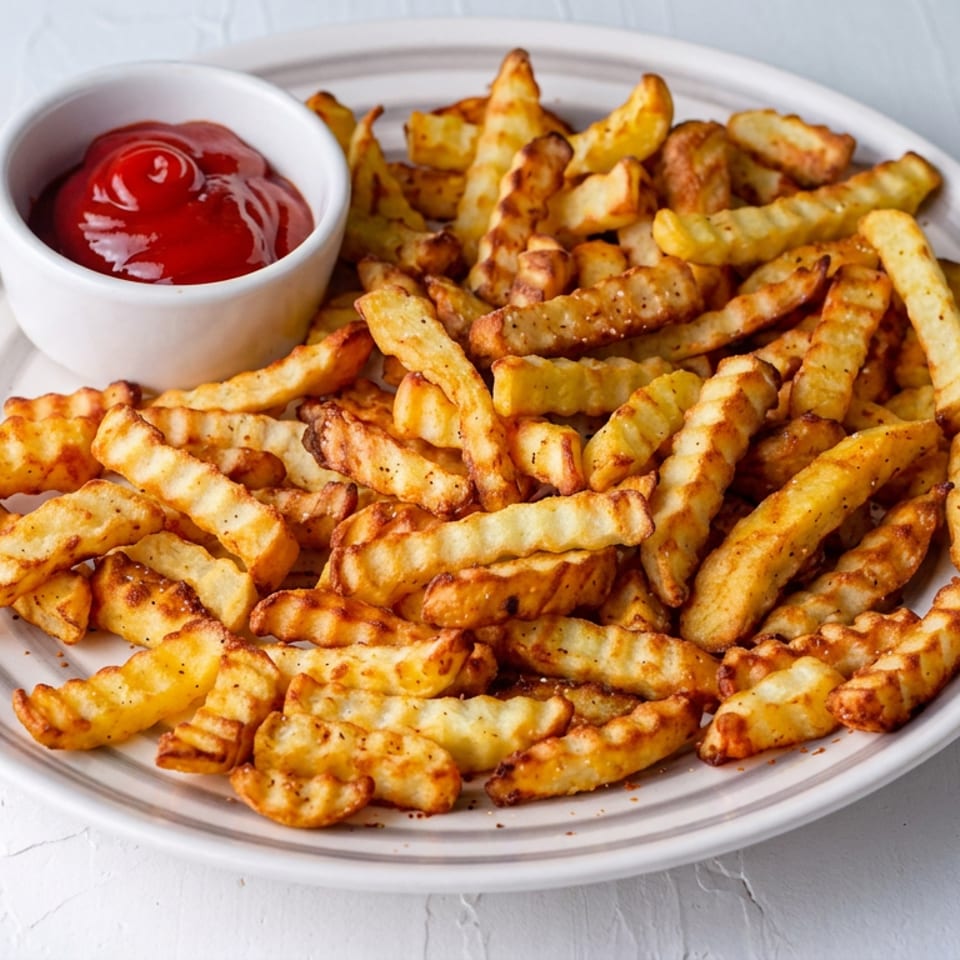 Plate of golden crinkle-cut fries served with a small bowl of ketchup.