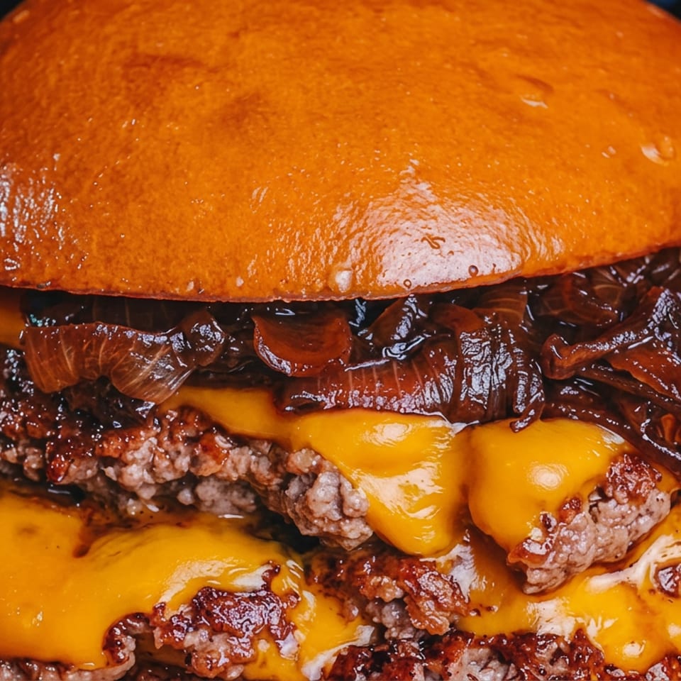 Close-up of a double cheeseburger with melted cheddar, caramelized onions, and glossy brioche bun on a wooden board.