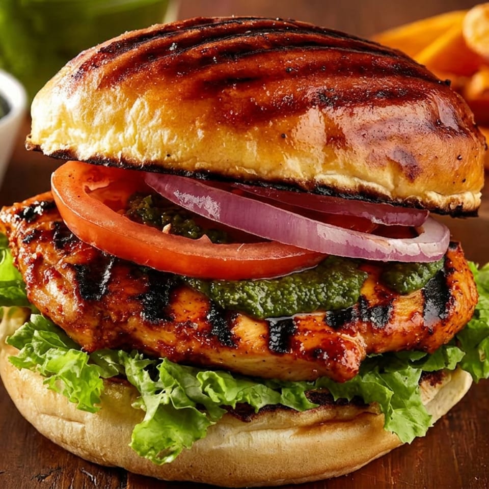 Grilled chicken burger with lettuce, tomato, red onion, and green sauce, served with fries and dipping sauce.