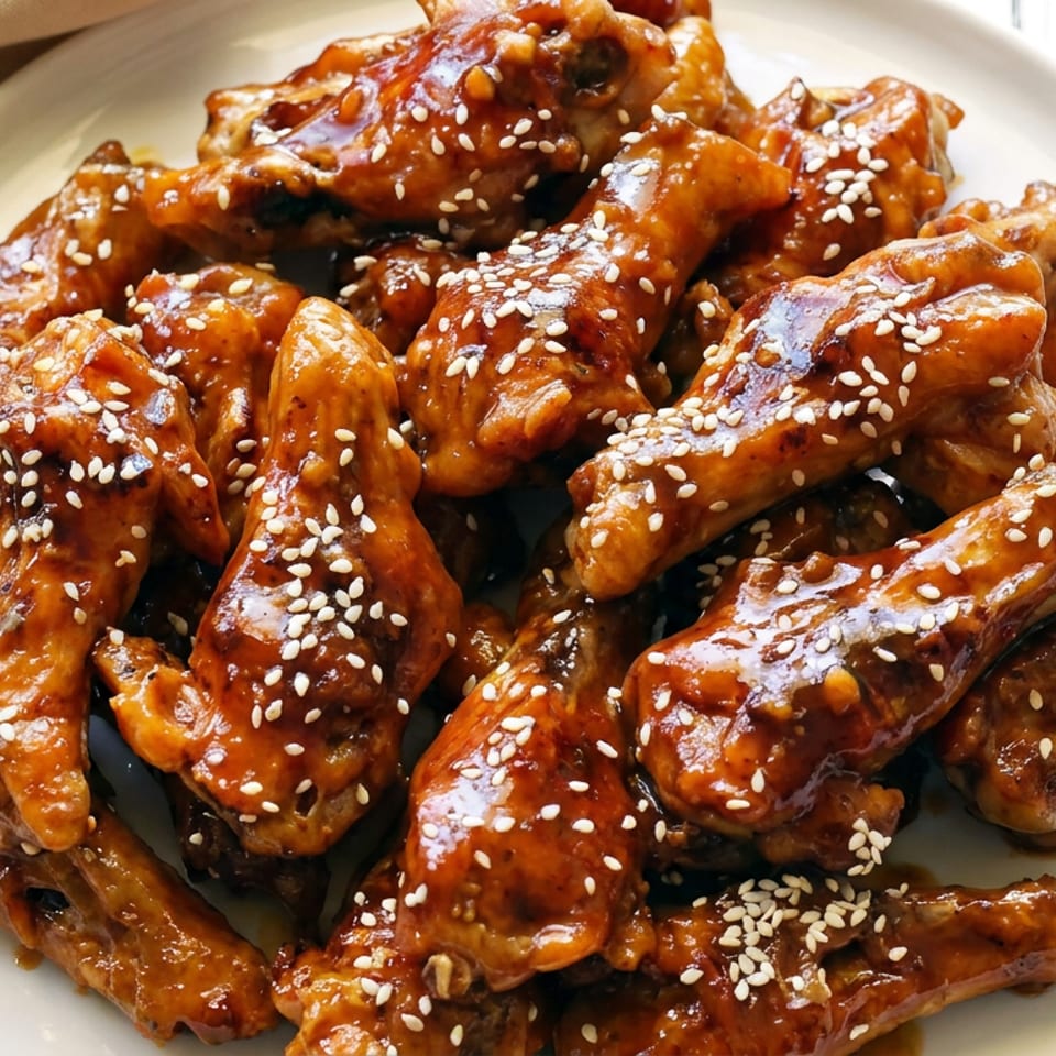 Plate of glossy, sesame-seeded chicken wings coated in reddish-brown sauce on a white dish.