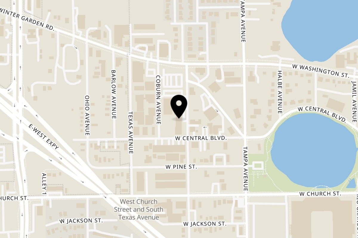 Map showing the location of Juicy burger & Wings حلال Smash Burger Orlando on 18 N Dollins Ave in Orlando