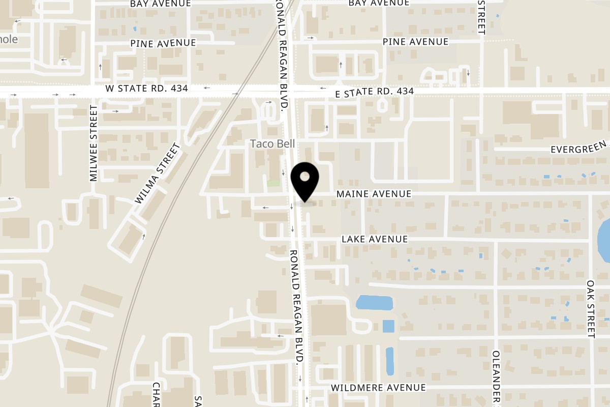 Map showing the location of Juicy burger & Wings حلال Smash Burger longwood on 255 S Ronald Reagan Blvd in Longwood
